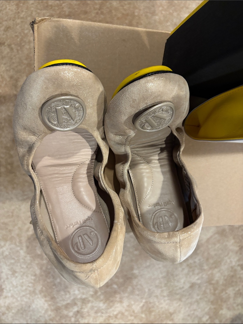 April Parker Taupe Suede Foldable Ballet Flats with Removable Medallion & Bag